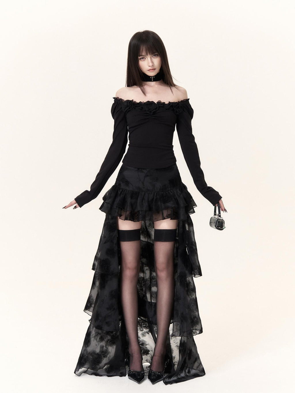 VOCK Dark Romantic Flocking Halloween Layered Ruffle Asymmetric Women's Polyester Maxi Skirts