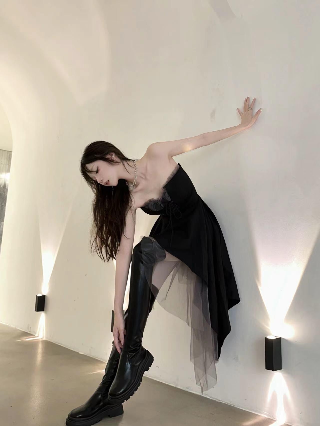 VOCK Dark Romantic Irregular Mesh Splice Women's Polyester Strapless Midi Dresses