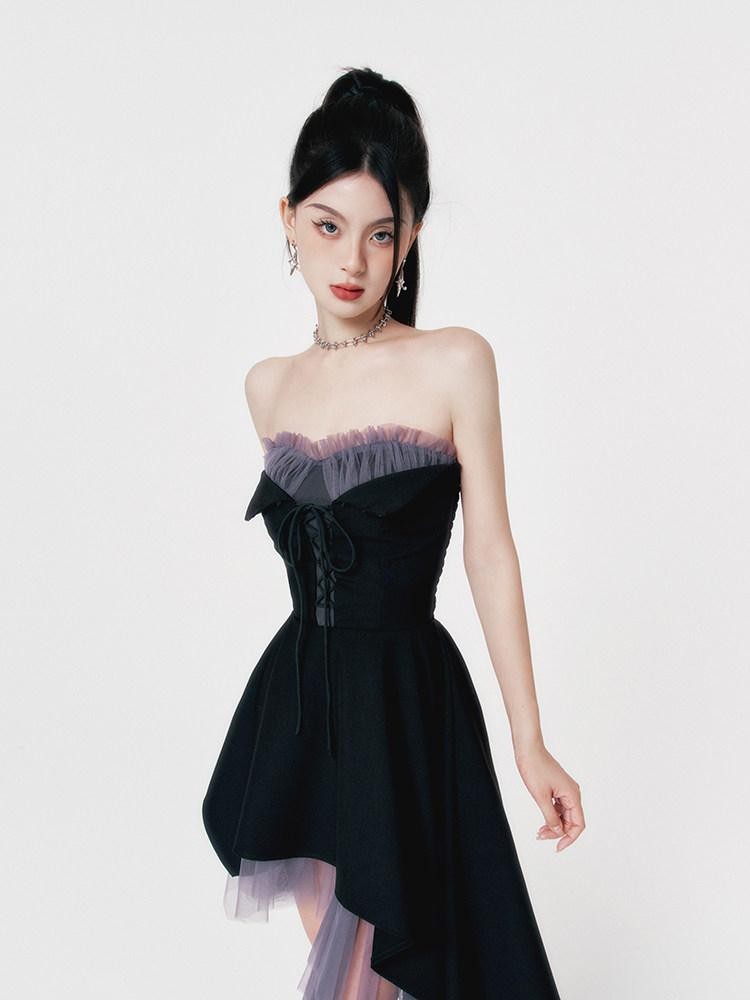 VOCK Dark Romantic Irregular Mesh Splice Women's Polyester Strapless Midi Dresses