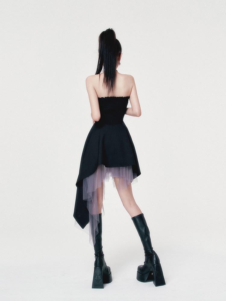 VOCK Dark Romantic Irregular Mesh Splice Women's Polyester Strapless Midi Dresses