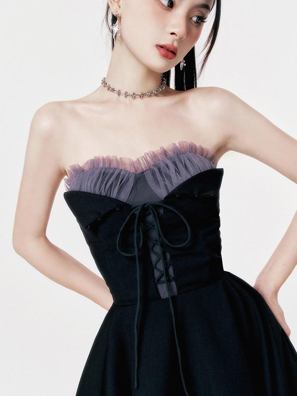 VOCK Dark Romantic Irregular Mesh Splice Women's Polyester Strapless Midi Dresses
