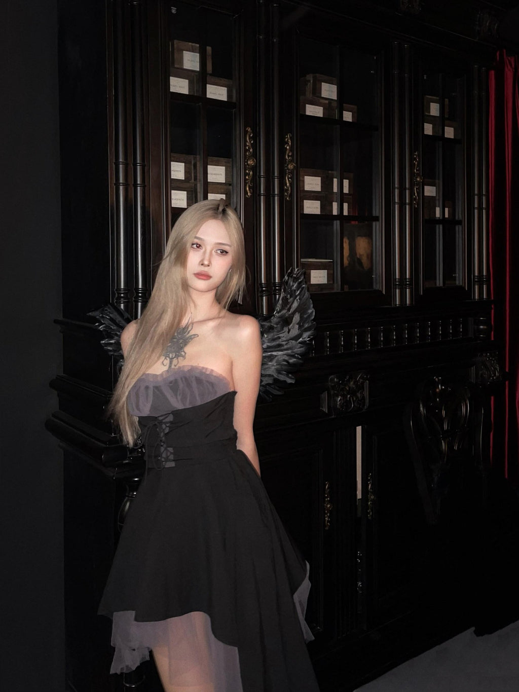 VOCK Dark Romantic Irregular Mesh Splice Women's Polyester Strapless Midi Dresses