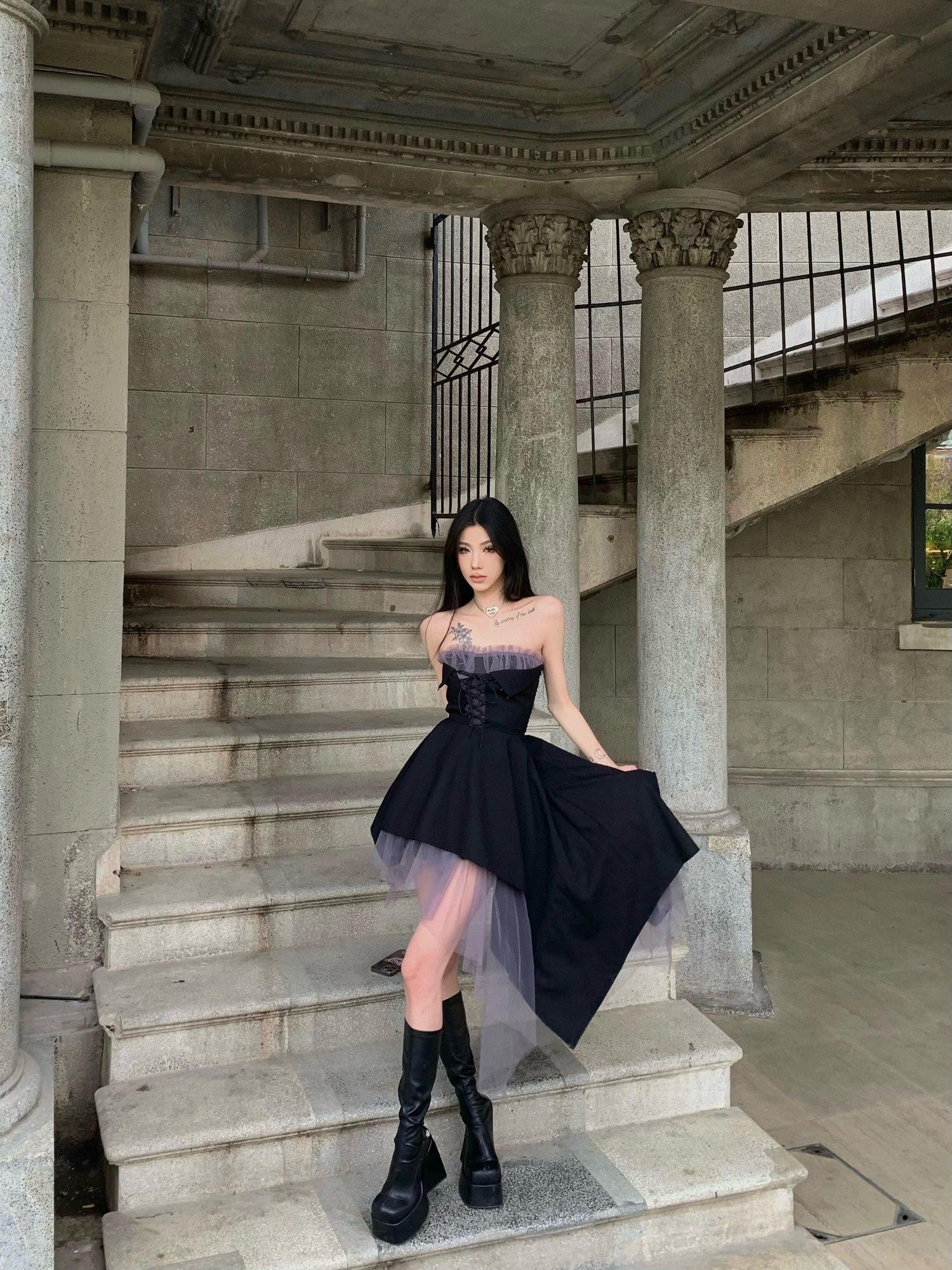 VOCK Dark Romantic Irregular Mesh Splice Women's Polyester Strapless Midi Dresses