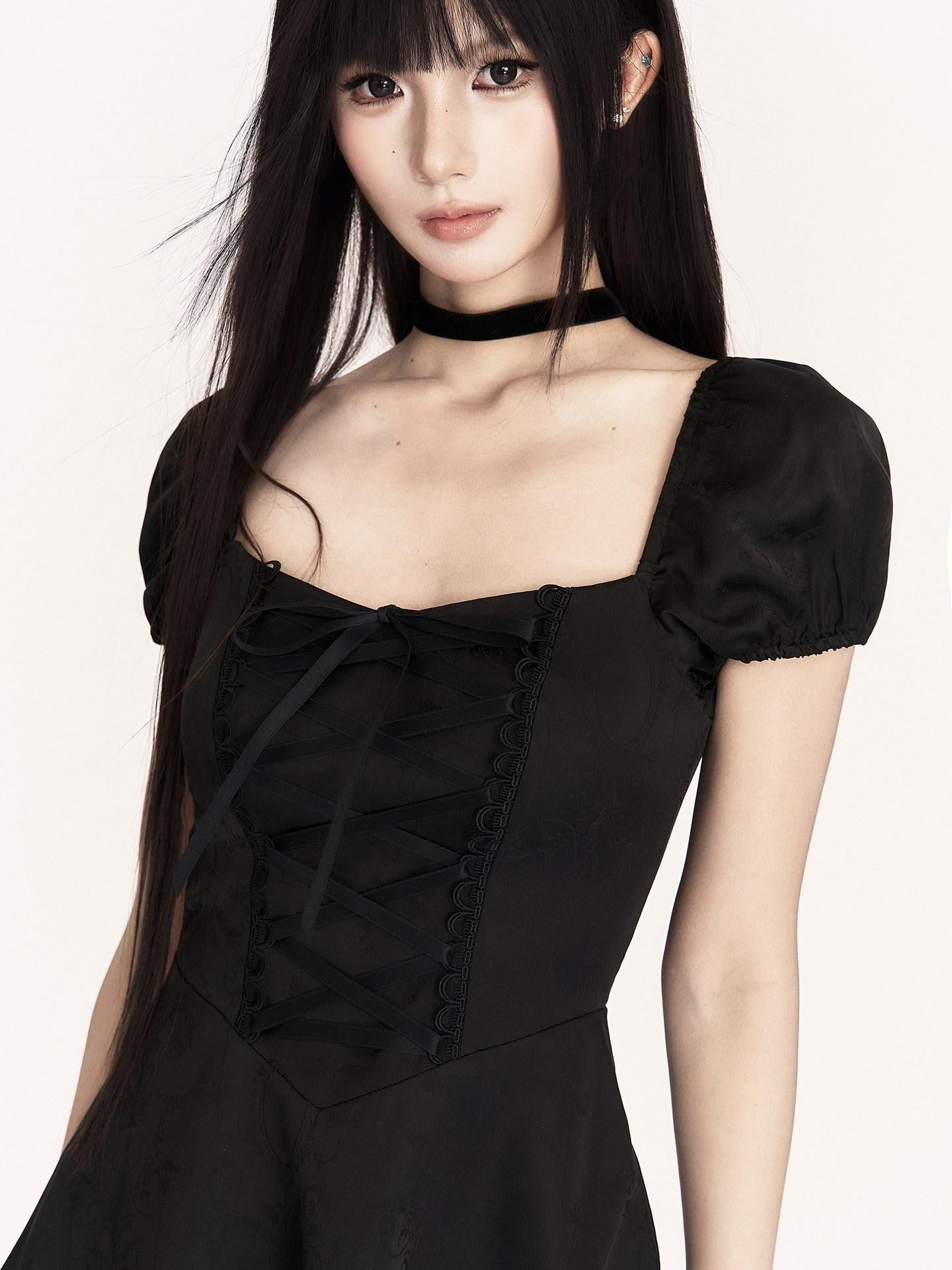VOCK Dark Rose Baroque Jacquard Puff Sleeve Tie Waist Women's Casual Mini Dresses