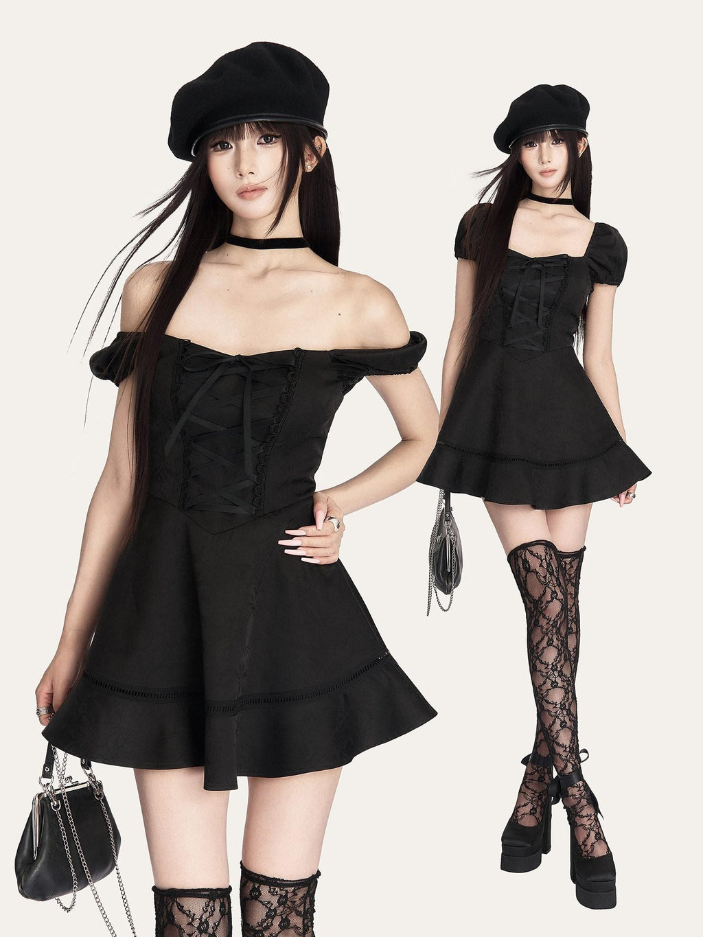 VOCK Dark Rose Baroque Jacquard Puff Sleeve Tie Waist Women's Casual Mini Dresses
