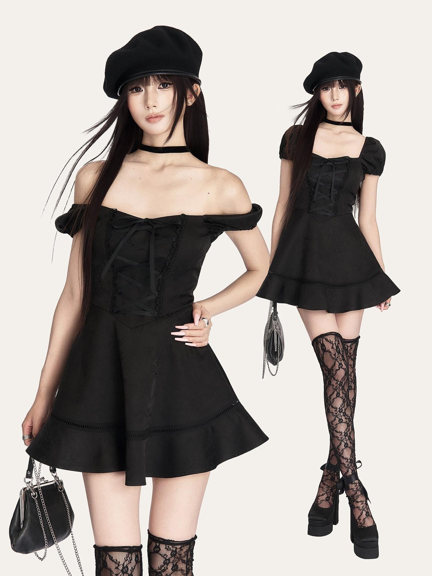 VOCK Dark Rose Baroque Jacquard Puff Sleeve Tie Waist Women's Casual Mini Dresses