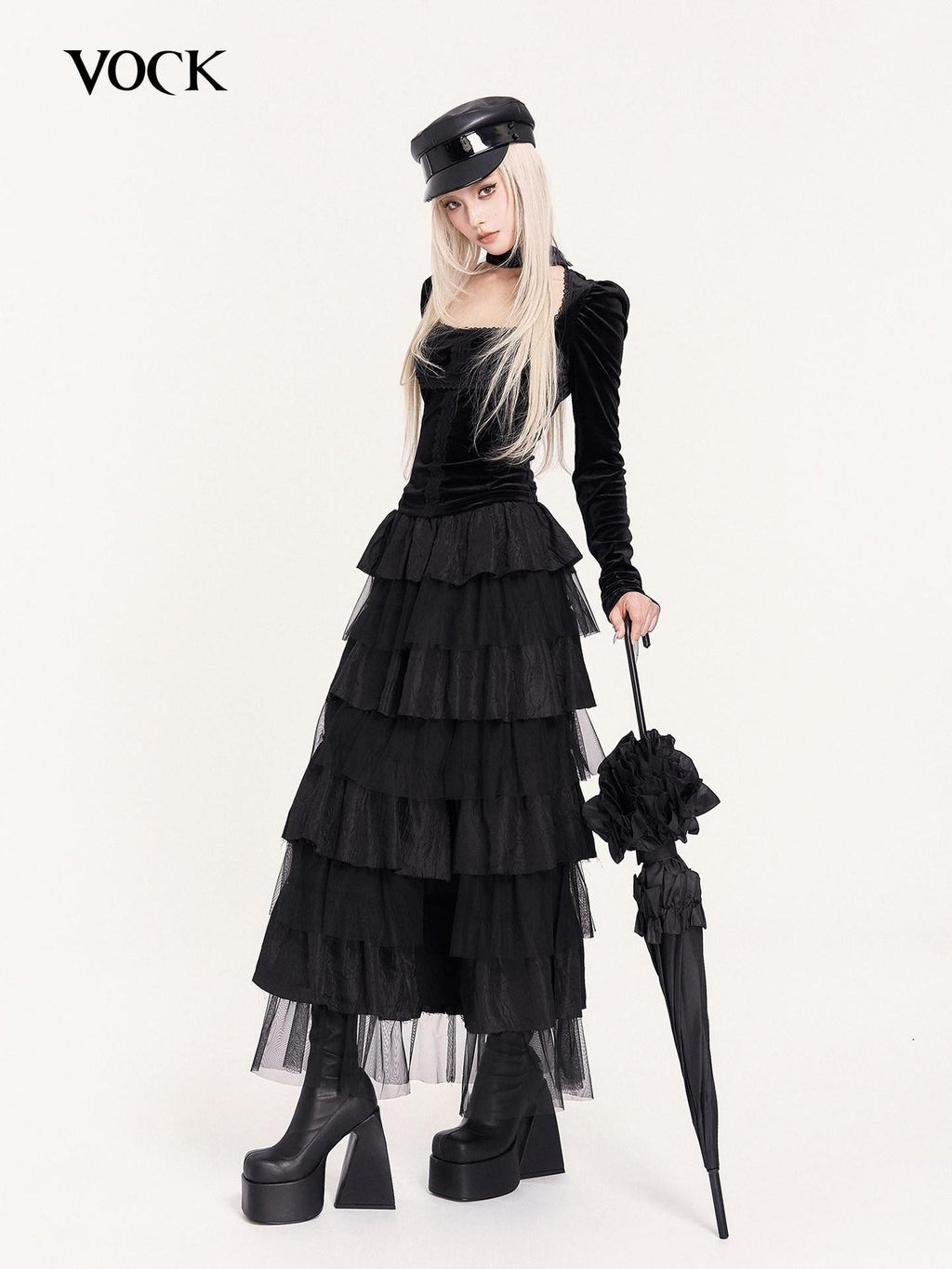 VOCK Dark Spliced Mesh Asymmetric Women's Polyester Tiered Skirts