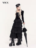 VOCK Dark Spliced Mesh Asymmetric Women's Polyester Tiered Skirts