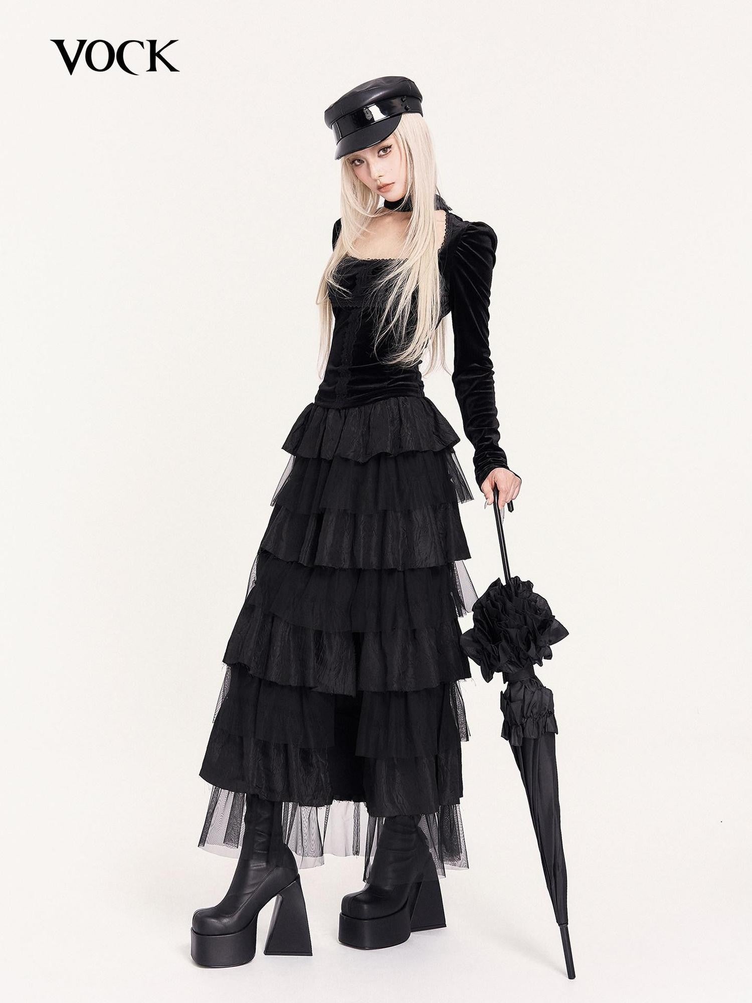 VOCK Dark Spliced Mesh Asymmetric Women's Polyester Tiered Skirts
