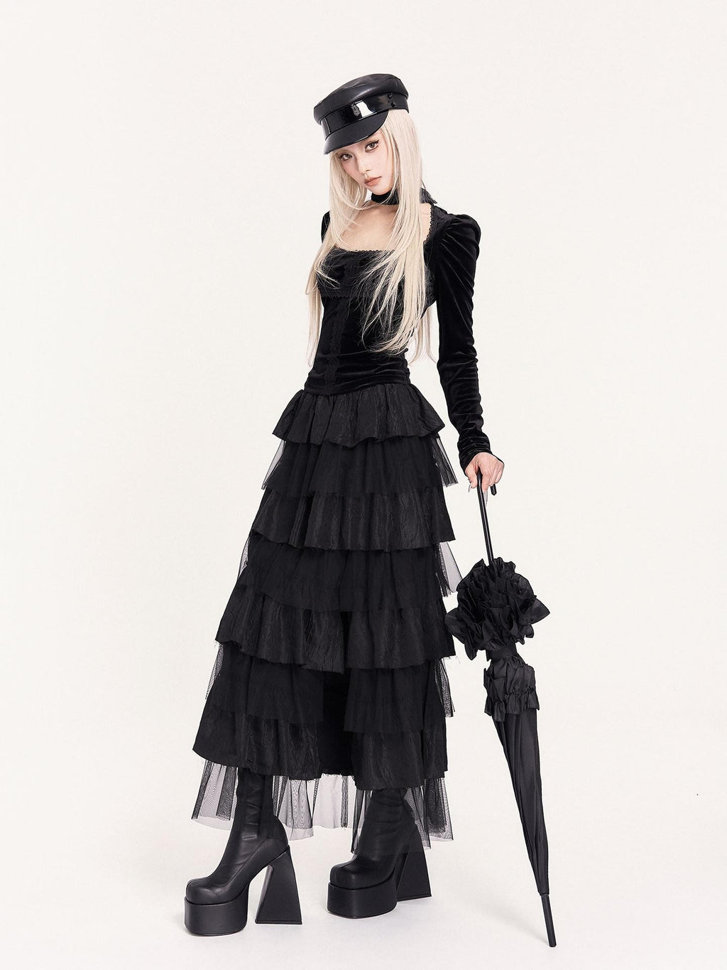 VOCK Dark Spliced Mesh Asymmetric Women's Polyester Tiered Skirts