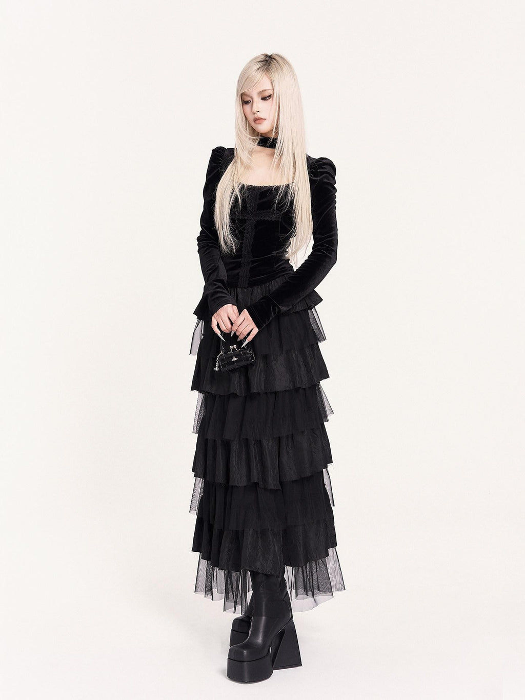 VOCK Dark Spliced Mesh Asymmetric Women's Polyester Tiered Skirts