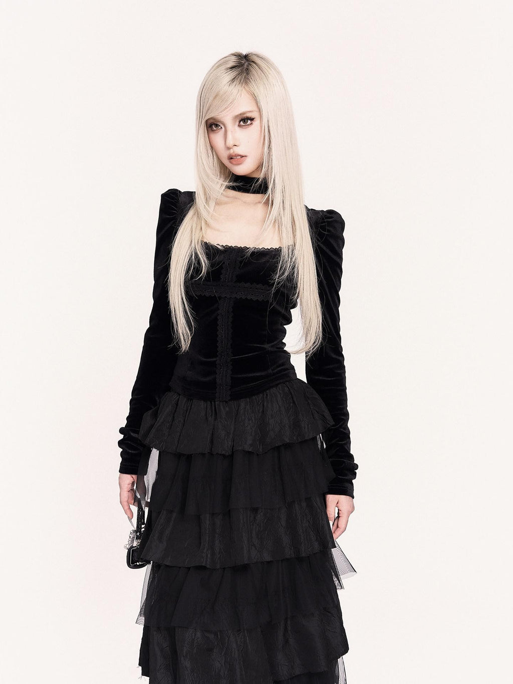 VOCK Dark Spliced Mesh Asymmetric Women's Polyester Tiered Skirts