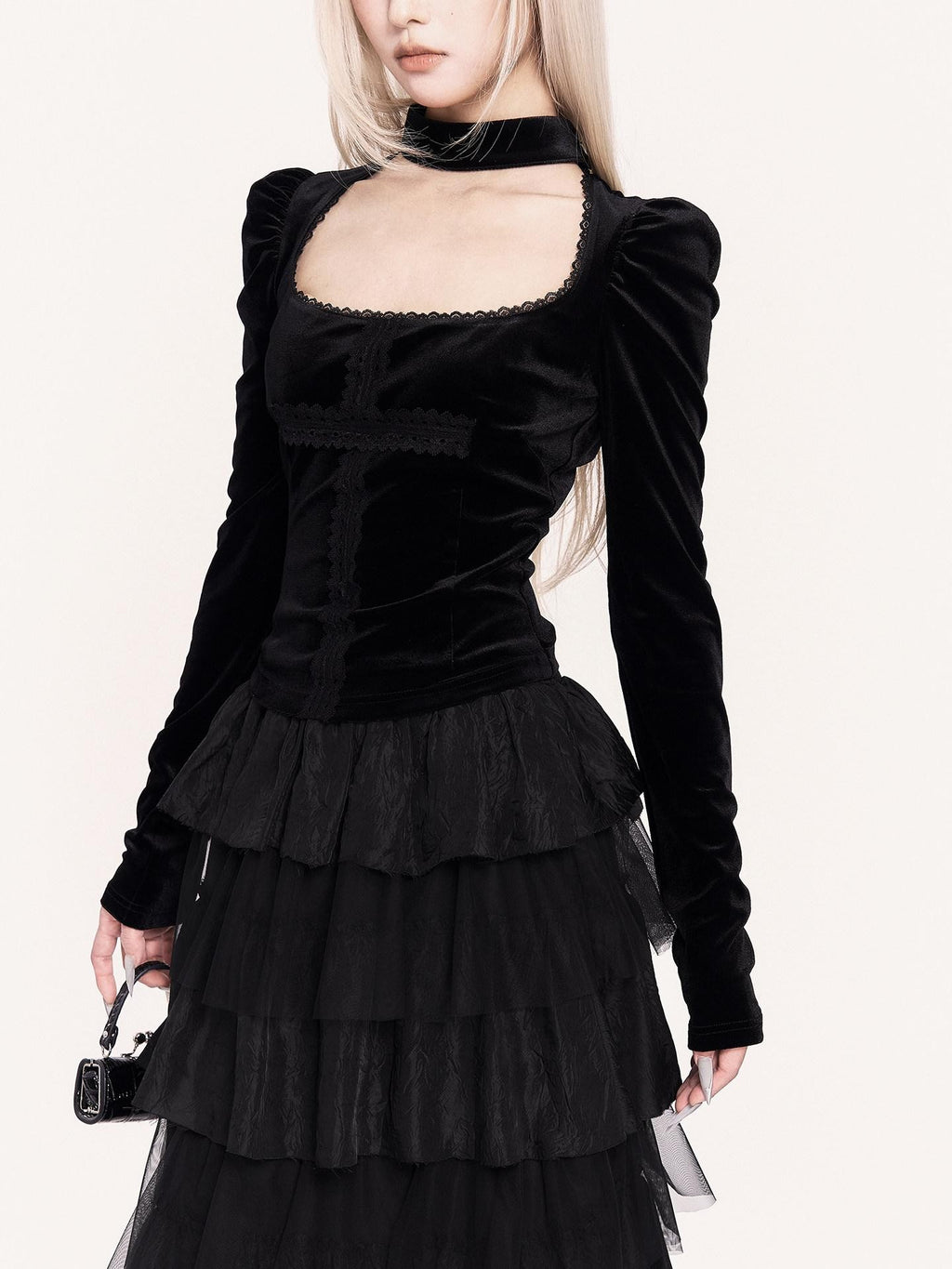 VOCK Dark Spliced Mesh Asymmetric Women's Polyester Tiered Skirts