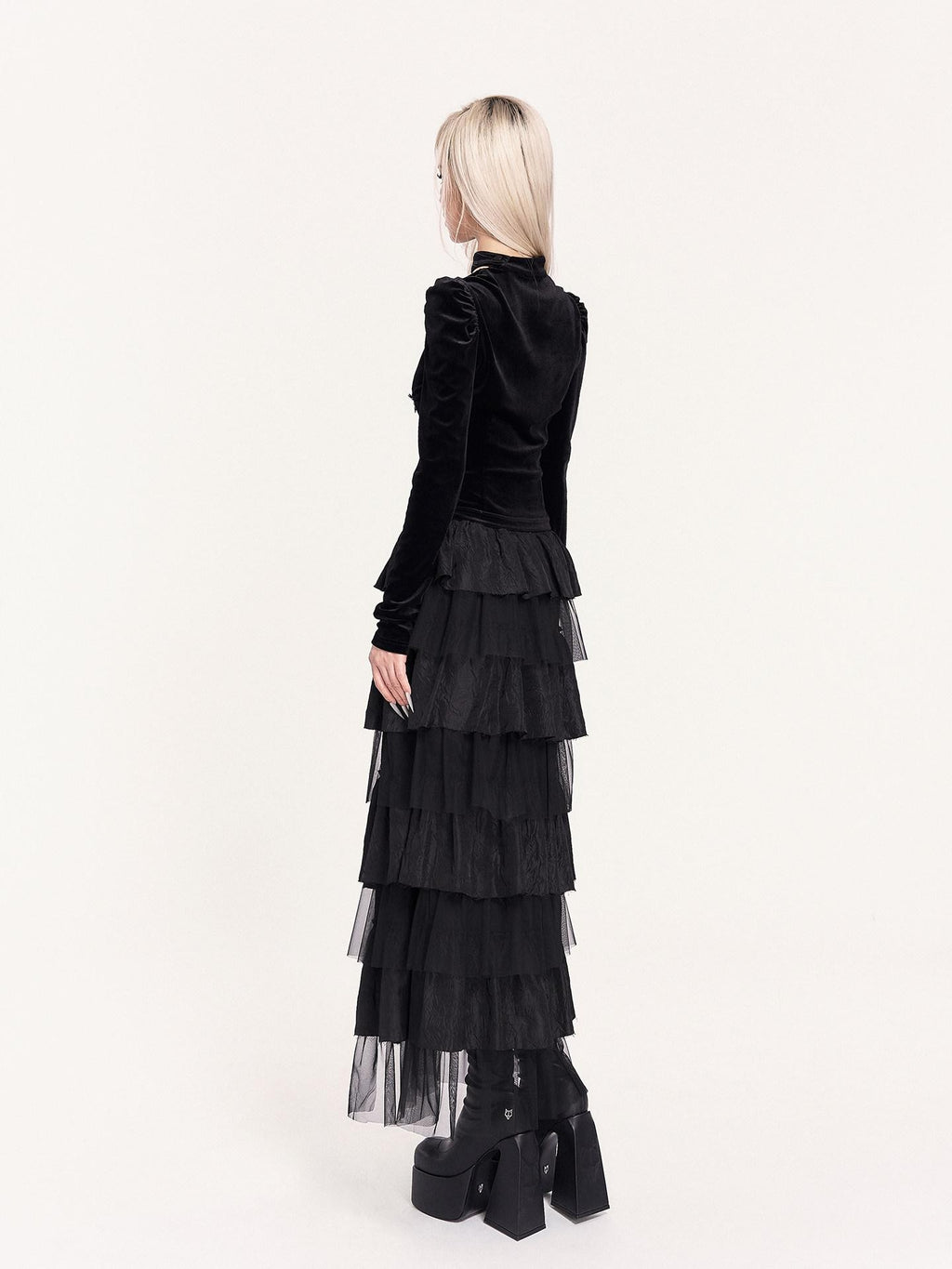 VOCK Dark Spliced Mesh Asymmetric Women's Polyester Tiered Skirts