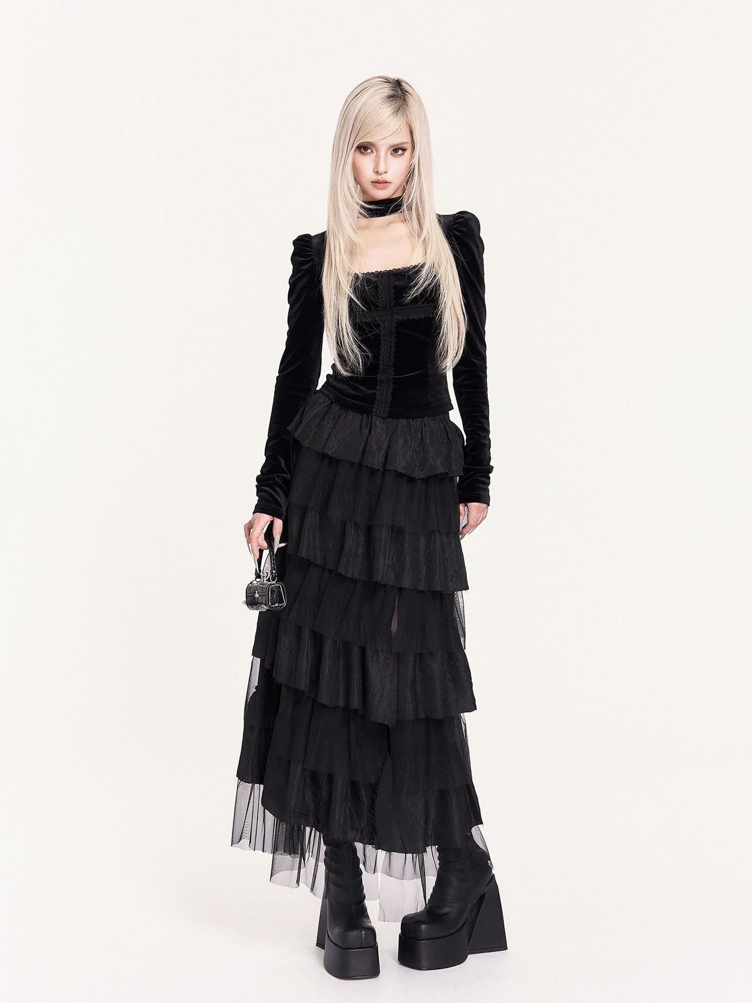 VOCK Dark Spliced Mesh Asymmetric Women's Polyester Tiered Skirts