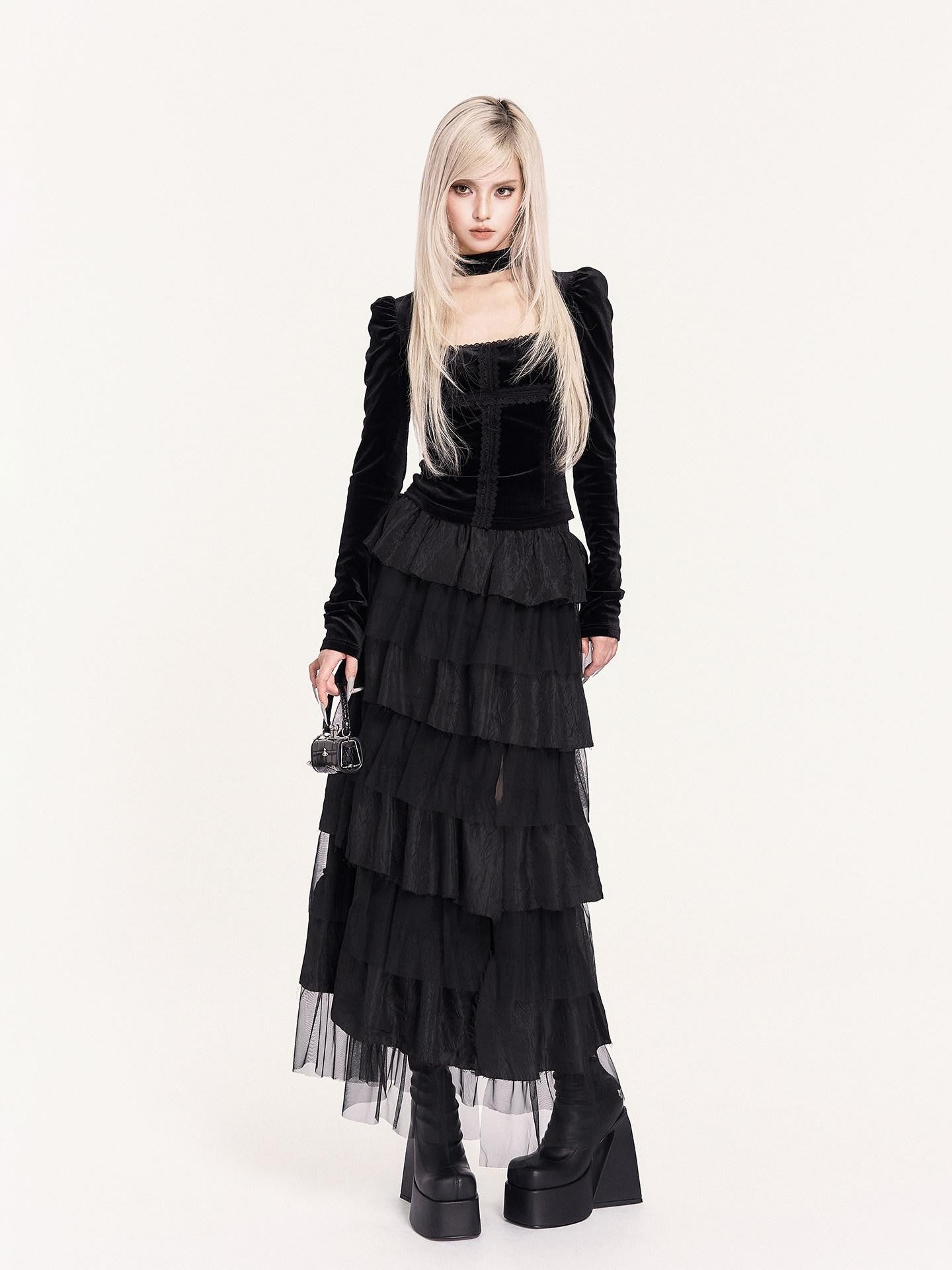 VOCK Dark Spliced Mesh Asymmetric Women's Polyester Tiered Skirts