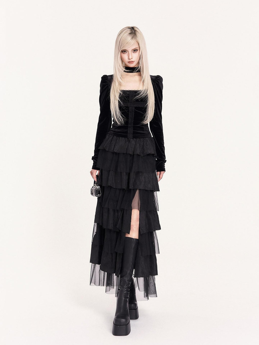 VOCK Dark Spliced Mesh Asymmetric Women's Polyester Tiered Skirts