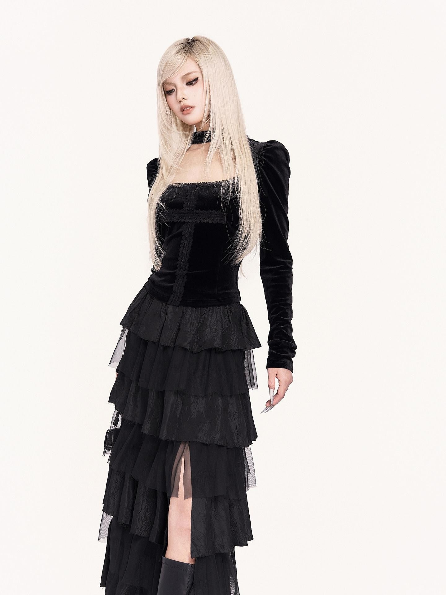 VOCK Dark Spliced Mesh Asymmetric Women's Polyester Tiered Skirts