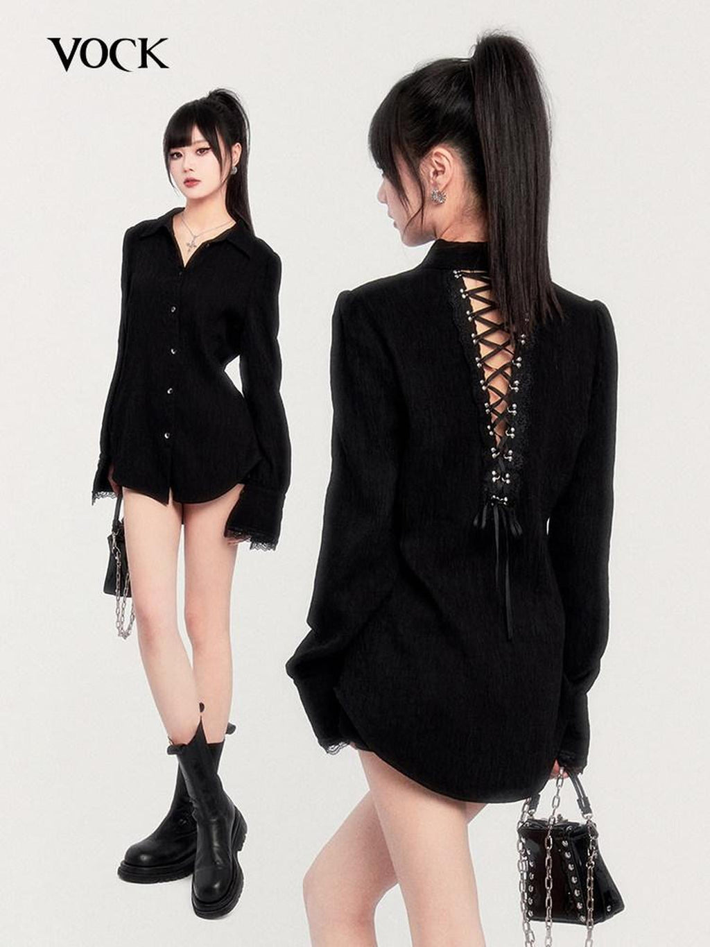VOCK Dark Wabi Sabi Pleated Back Tie Cutout Lace Women's Cotton Nylon Oversized Shirts