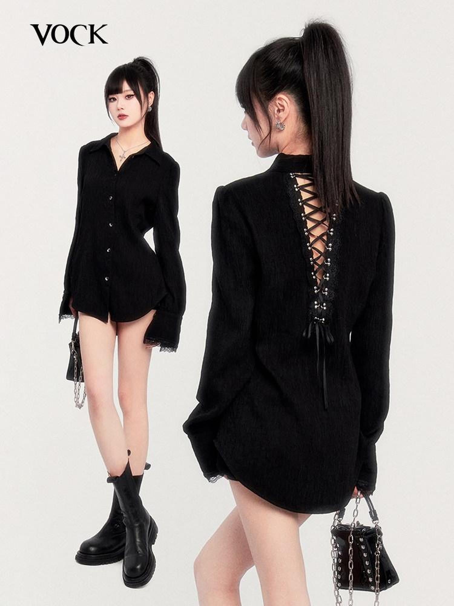 VOCK Dark Wabi Sabi Pleated Back Tie Cutout Lace Women's Cotton Nylon Oversized Shirts