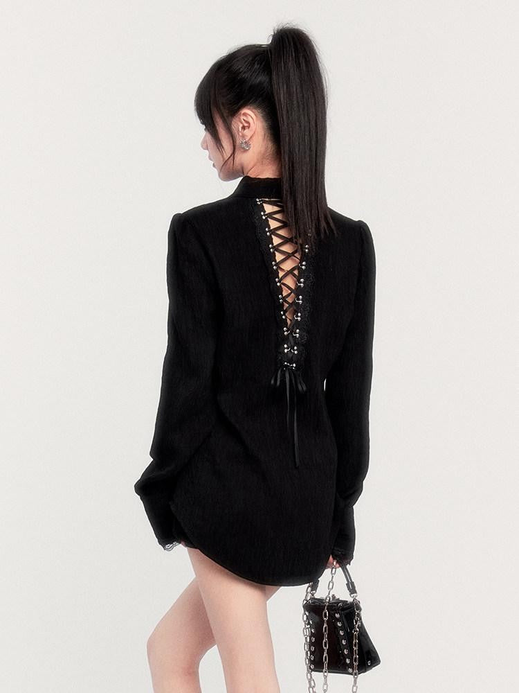 VOCK Dark Wabi Sabi Pleated Back Tie Cutout Lace Women's Cotton Nylon Oversized Shirts