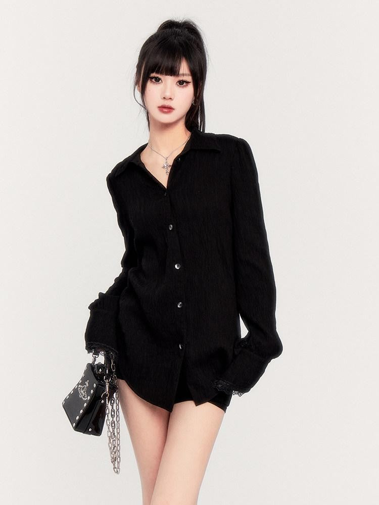 VOCK Dark Wabi Sabi Pleated Back Tie Cutout Lace Women's Cotton Nylon Oversized Shirts