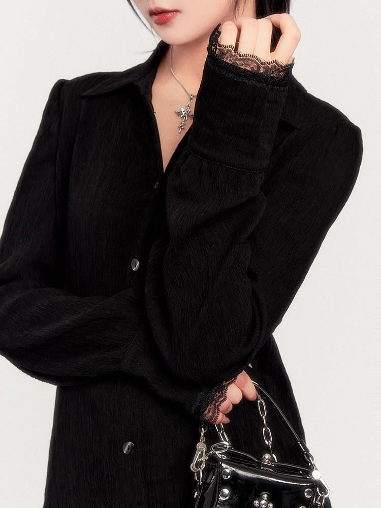 VOCK Dark Wabi Sabi Pleated Back Tie Cutout Lace Women's Cotton Nylon Oversized Shirts