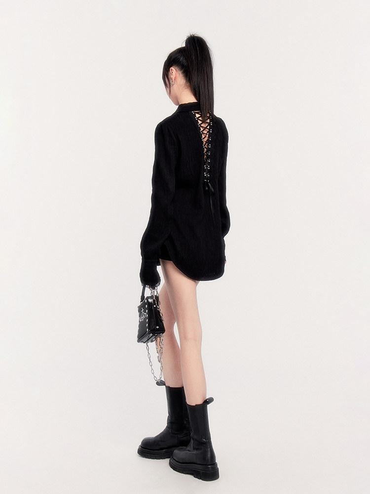 VOCK Dark Wabi Sabi Pleated Back Tie Cutout Lace Women's Cotton Nylon Oversized Shirts