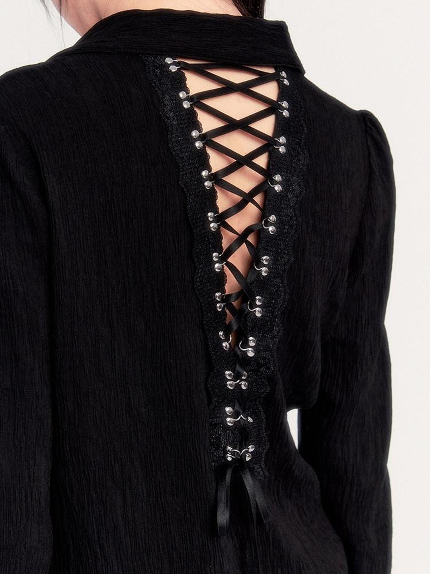 VOCK Dark Wabi Sabi Pleated Back Tie Cutout Lace Women's Cotton Nylon Oversized Shirts