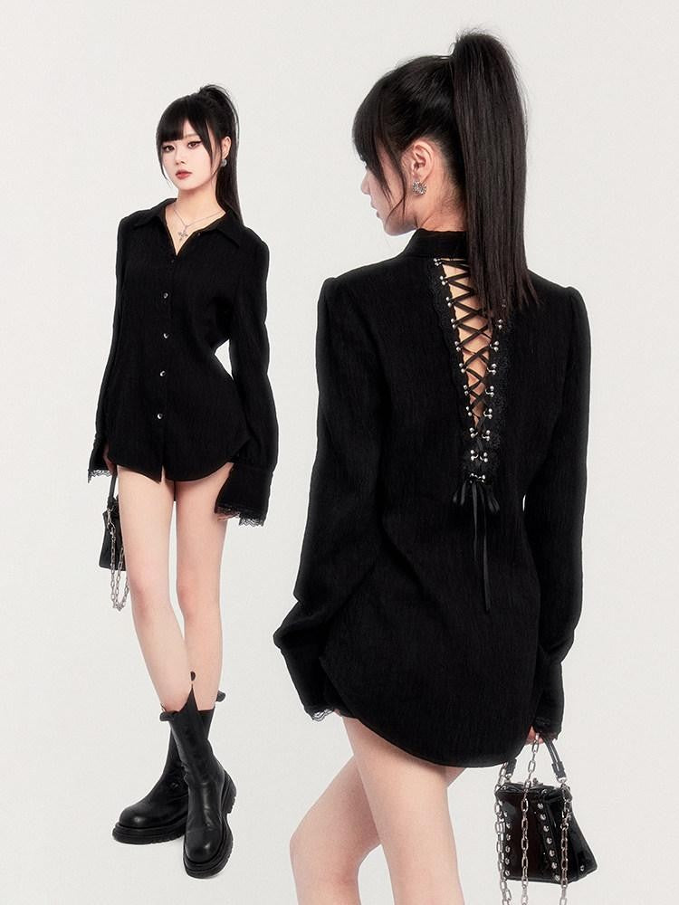 VOCK Dark Wabi Sabi Pleated Back Tie Cutout Lace Women's Cotton Nylon Oversized Shirts