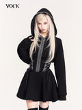 VOCK Dark Witch Lace Patch Hooded Zip Women's Fleece Casual Mini Dresses