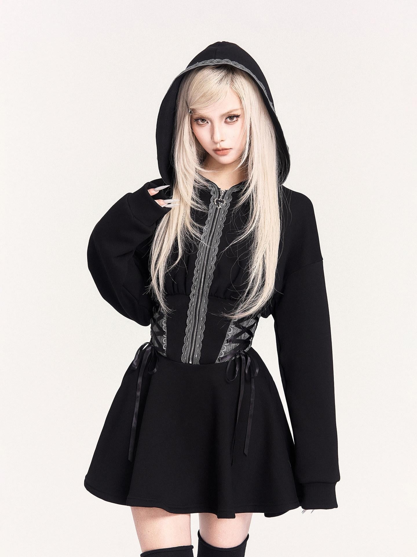 VOCK Dark Witch Lace Patch Hooded Zip Women's Fleece Casual Mini Dresses