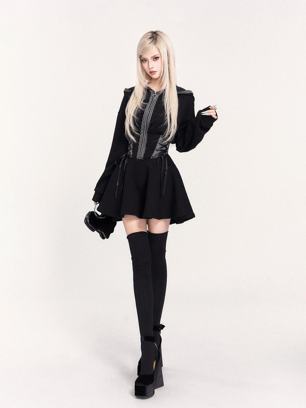 VOCK Dark Witch Lace Patch Hooded Zip Women's Fleece Casual Mini Dresses