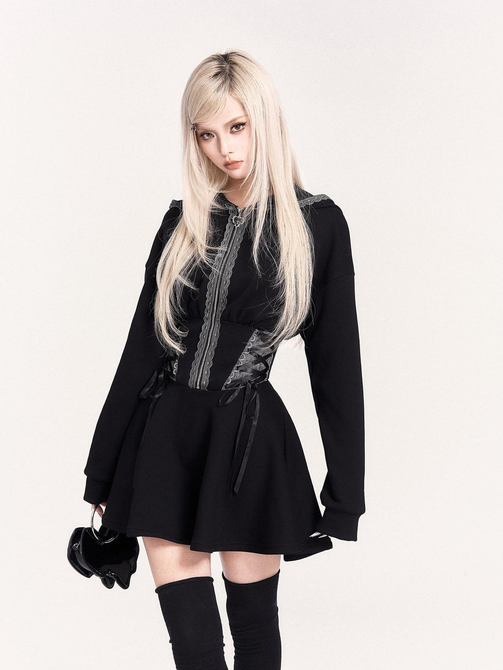VOCK Dark Witch Lace Patch Hooded Zip Women's Fleece Casual Mini Dresses