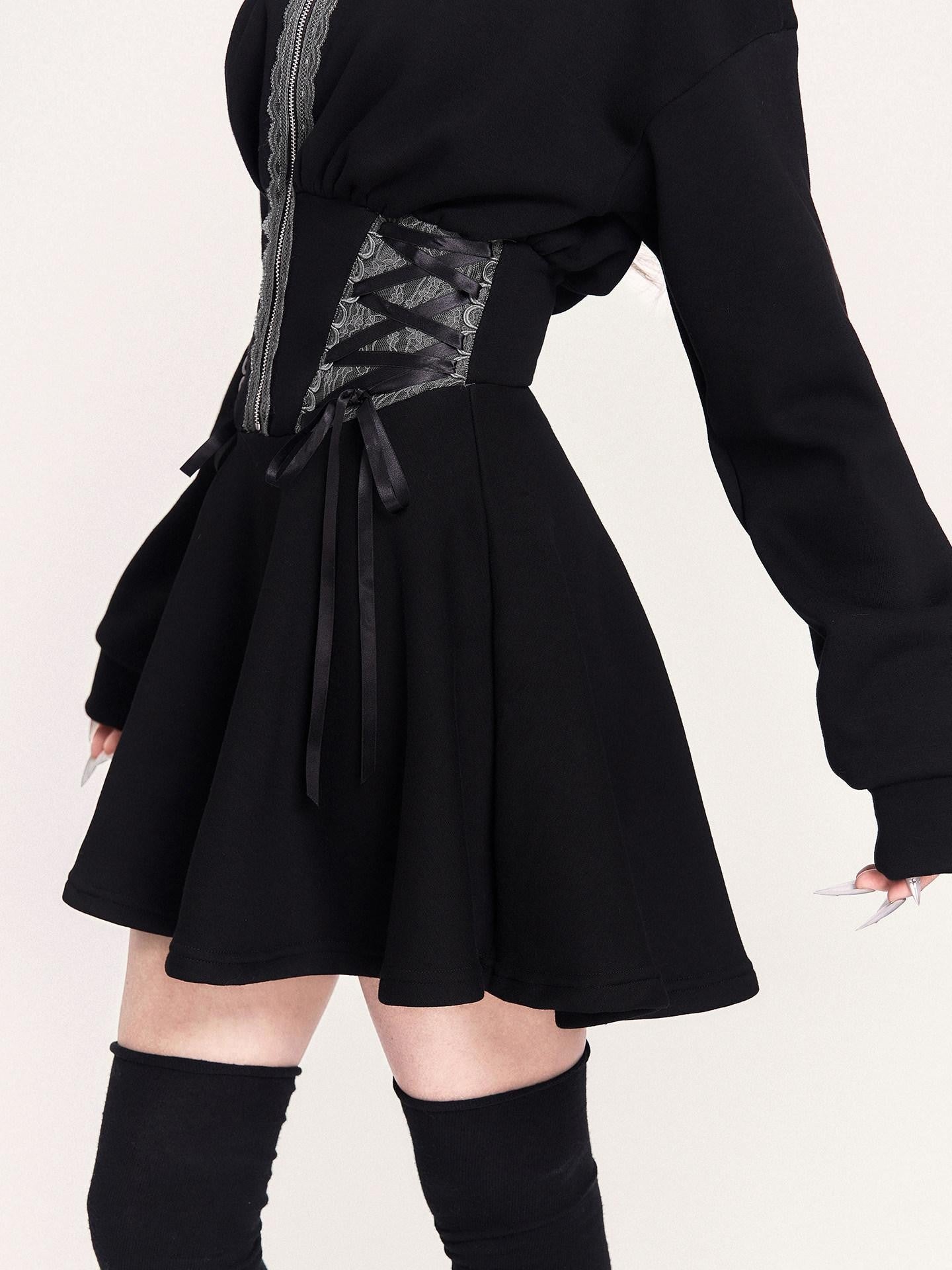 VOCK Dark Witch Lace Patch Hooded Zip Women's Fleece Casual Mini Dresses