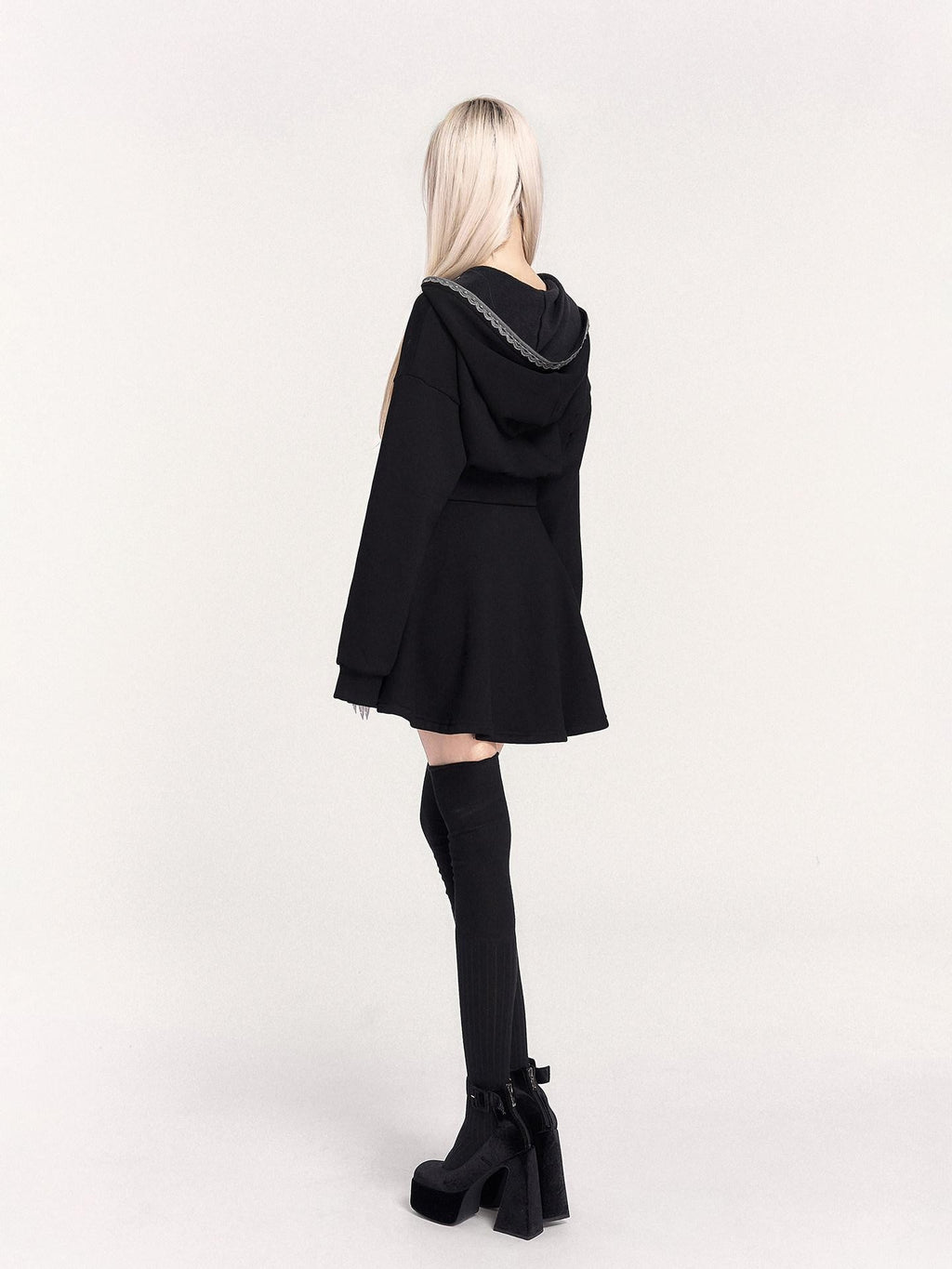 VOCK Dark Witch Lace Patch Hooded Zip Women's Fleece Casual Mini Dresses