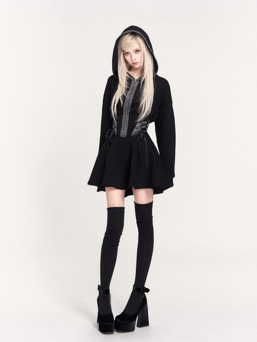 VOCK Dark Witch Lace Patch Hooded Zip Women's Fleece Casual Mini Dresses