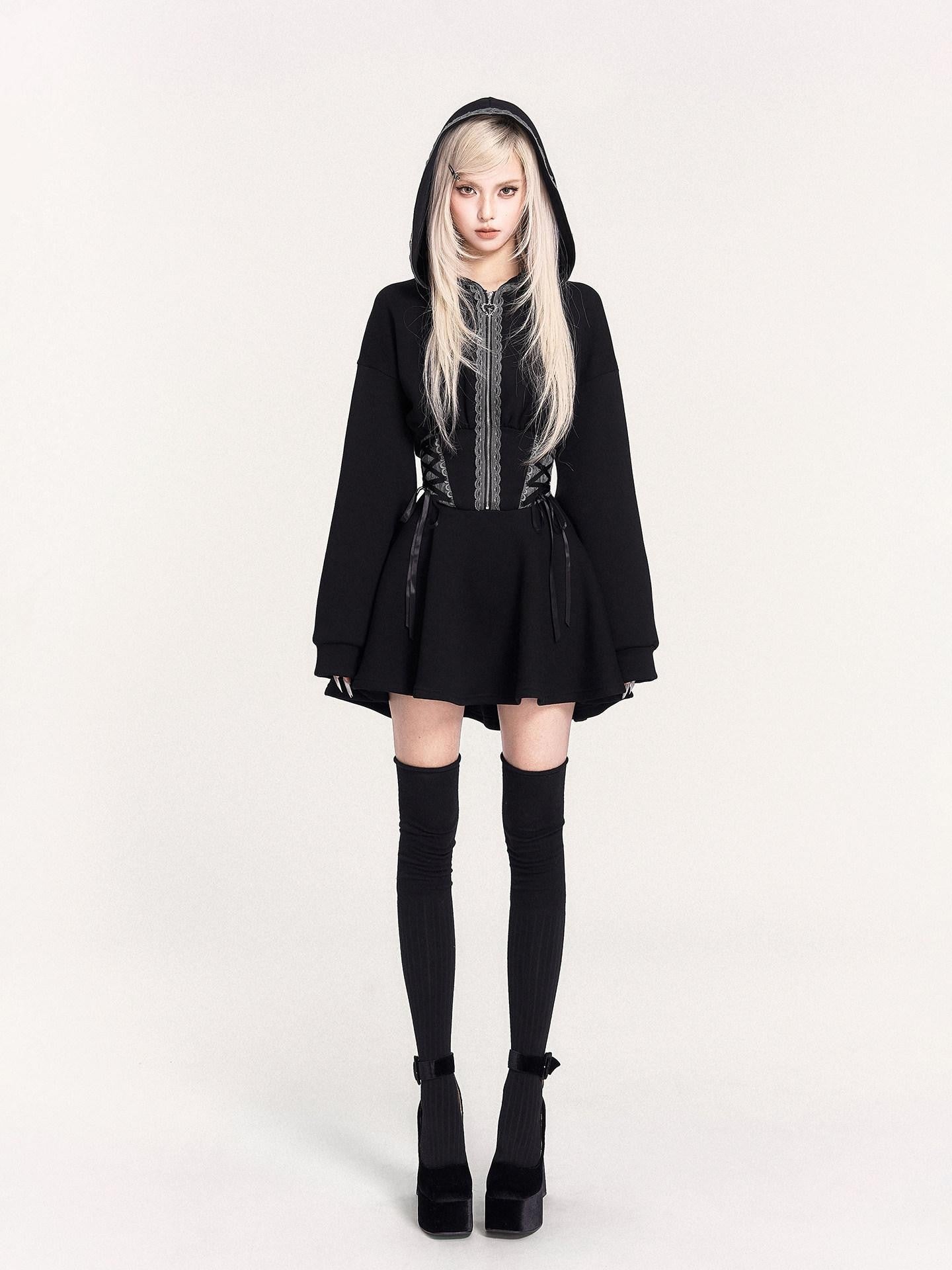 VOCK Dark Witch Lace Patch Hooded Zip Women's Fleece Casual Mini Dresses