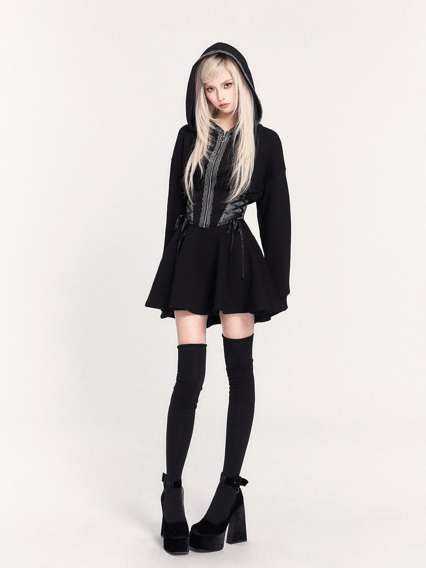 VOCK Dark Witch Lace Patch Hooded Zip Women's Fleece Casual Mini Dresses