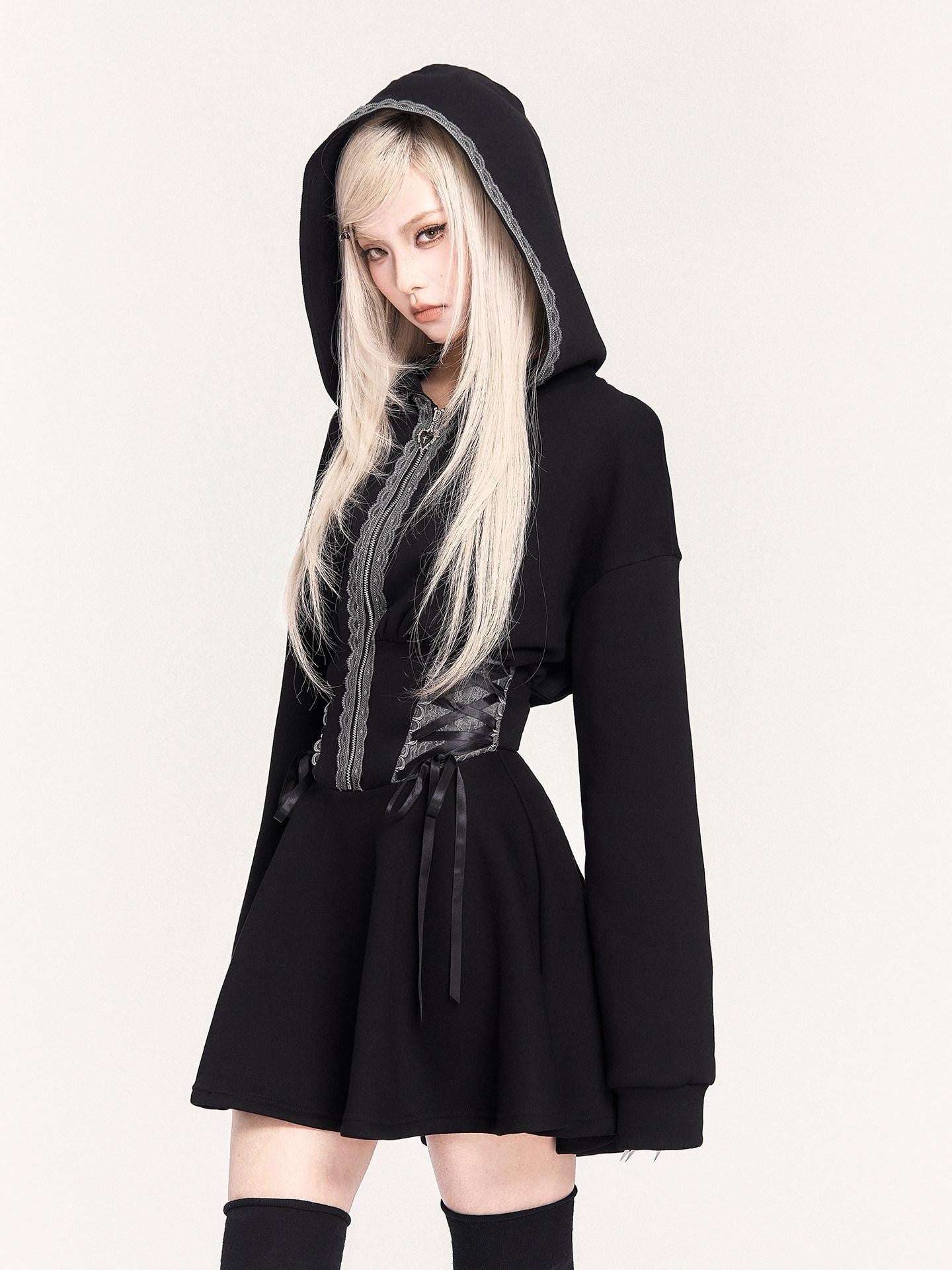 VOCK Dark Witch Lace Patch Hooded Zip Women's Fleece Casual Mini Dresses