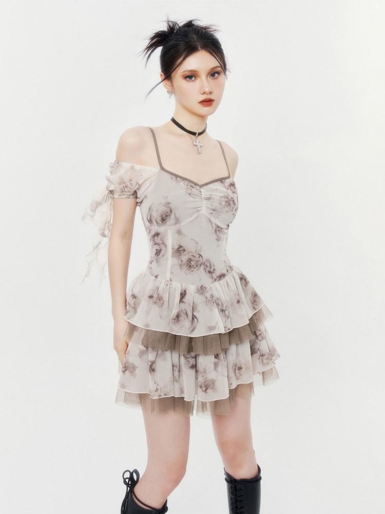 VOCK Desert Rose Strappy Puff Cinched Waist Women's Polyester Slip Mini Dresses