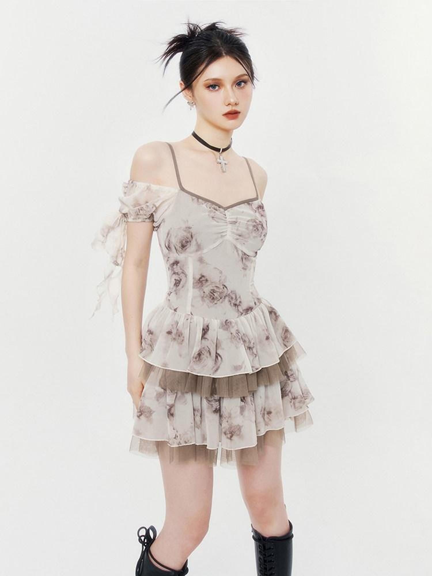 VOCK Desert Rose Strappy Puff Cinched Waist Women's Polyester Slip Mini Dresses