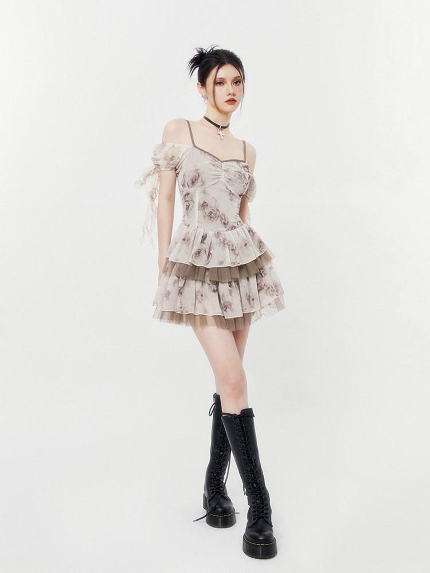 VOCK Desert Rose Strappy Puff Cinched Waist Women's Polyester Slip Mini Dresses