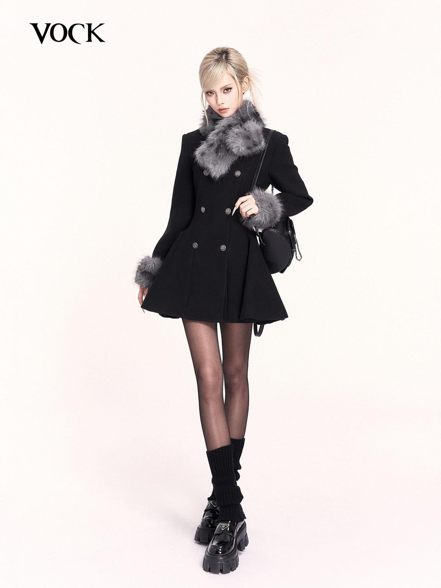 VOCK Detachable Fur Collar Double Breasted A Line Women's Tweed Casual Mini Dresses