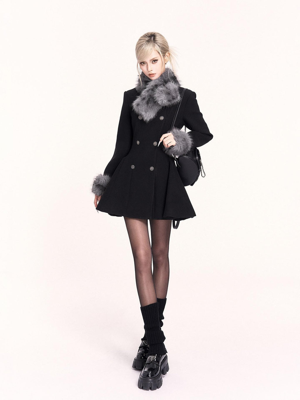 VOCK Detachable Fur Collar Double Breasted A Line Women's Tweed Casual Mini Dresses