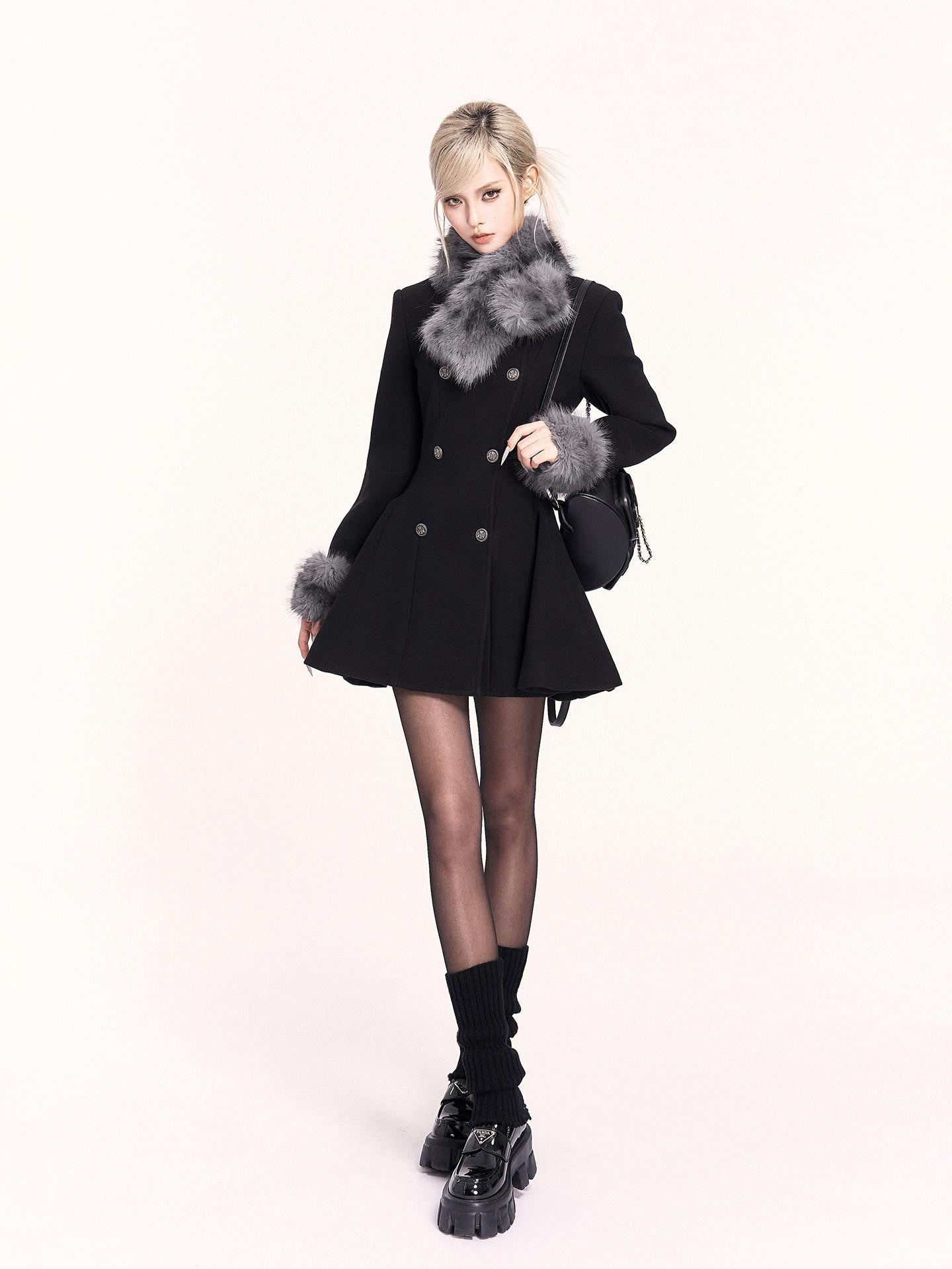 VOCK Detachable Fur Collar Double Breasted A Line Women's Tweed Casual Mini Dresses