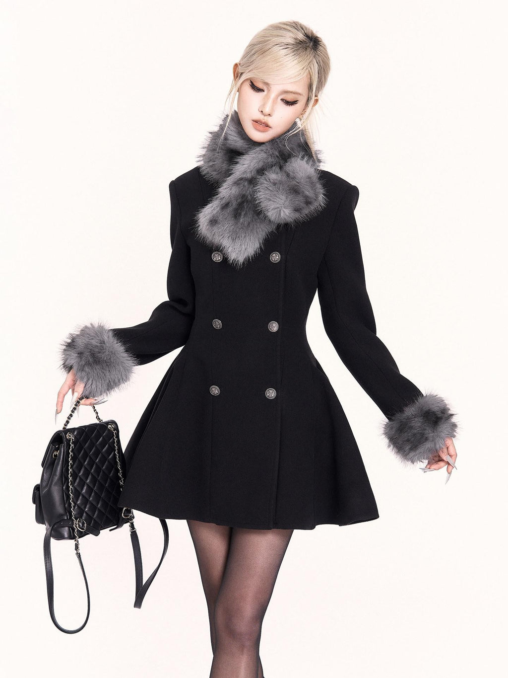 VOCK Detachable Fur Collar Double Breasted A Line Women's Tweed Casual Mini Dresses