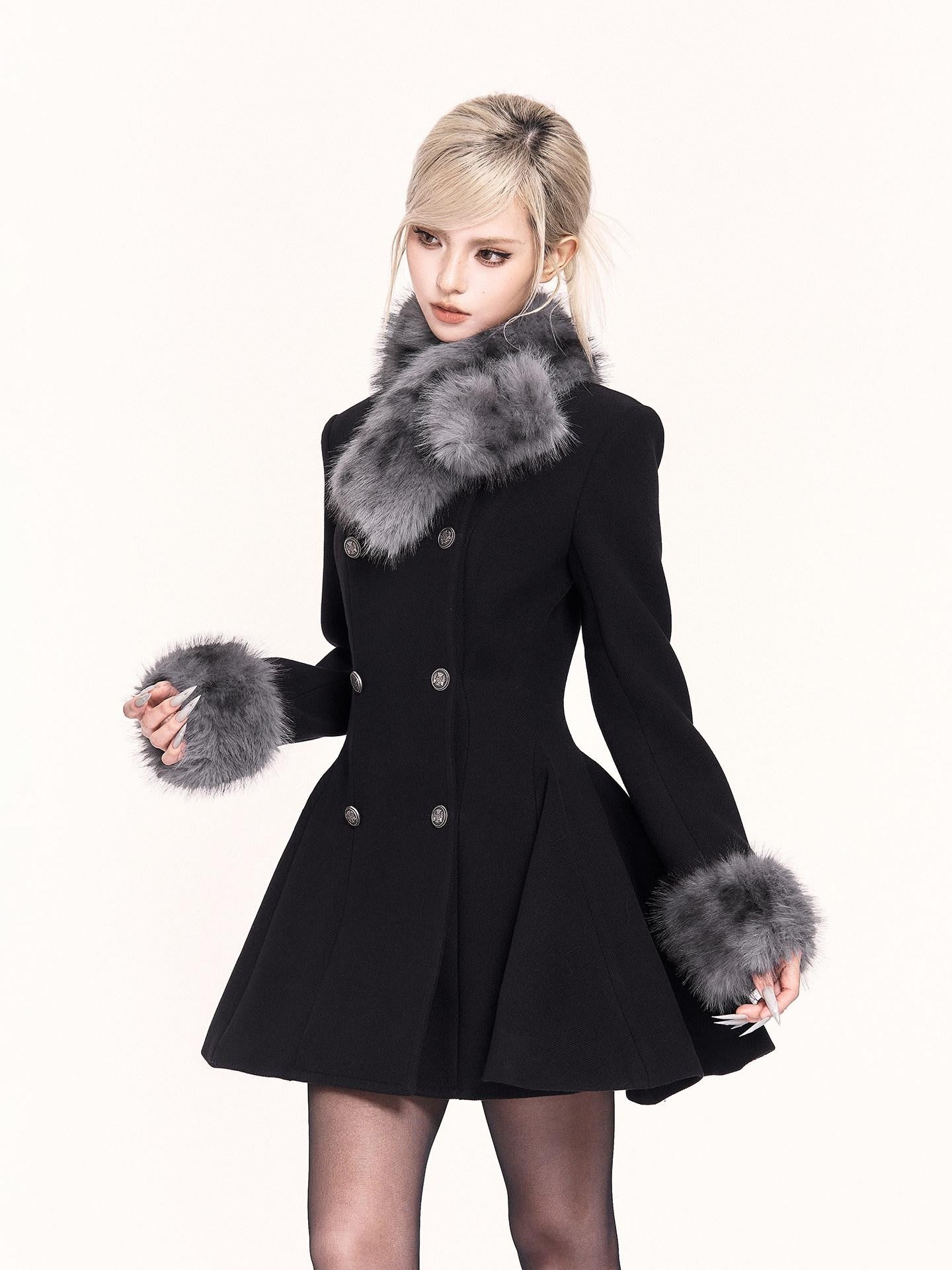 VOCK Detachable Fur Collar Double Breasted A Line Women's Tweed Casual Mini Dresses