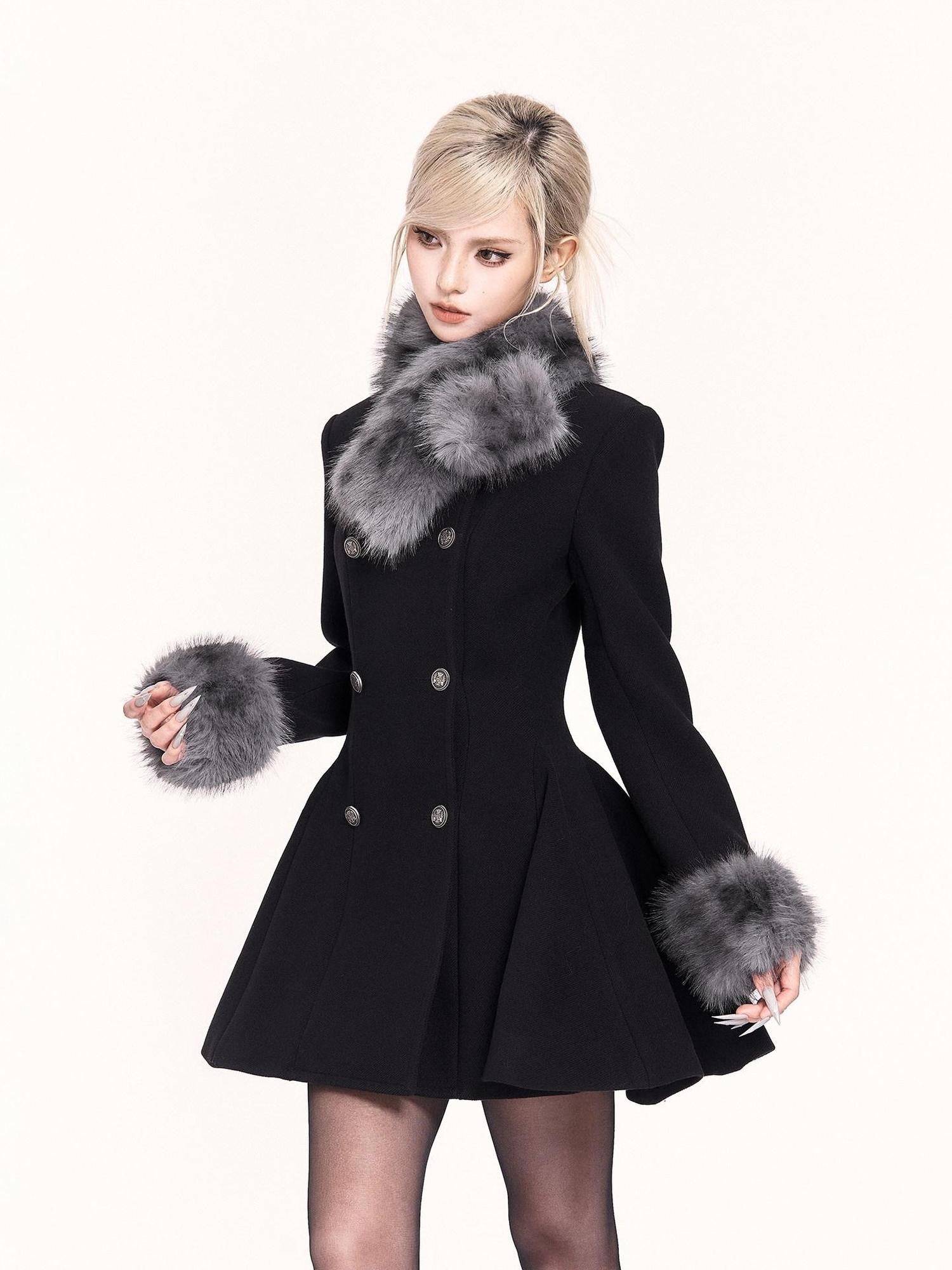 VOCK Detachable Fur Collar Double Breasted A Line Women's Tweed Casual Mini Dresses