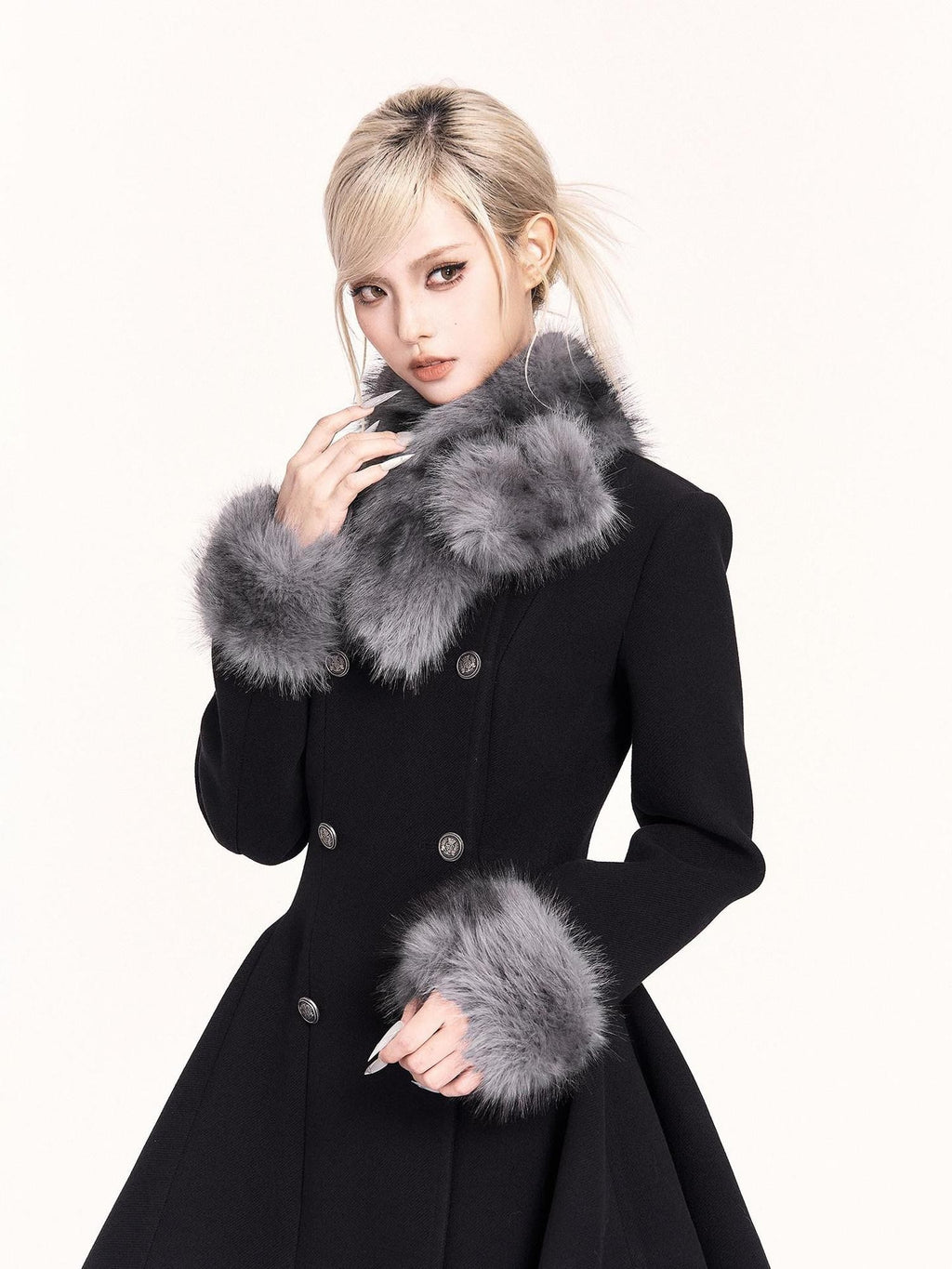 VOCK Detachable Fur Collar Double Breasted A Line Women's Tweed Casual Mini Dresses